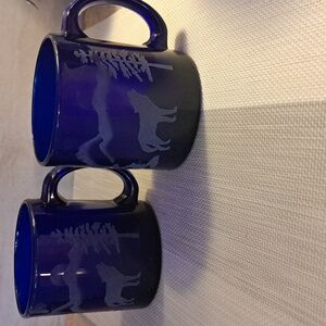 VINTAGE COBALT BLUE GLASS MUG WITH ETCHED Wolfs Made In Usa EXCELLENT SET 2